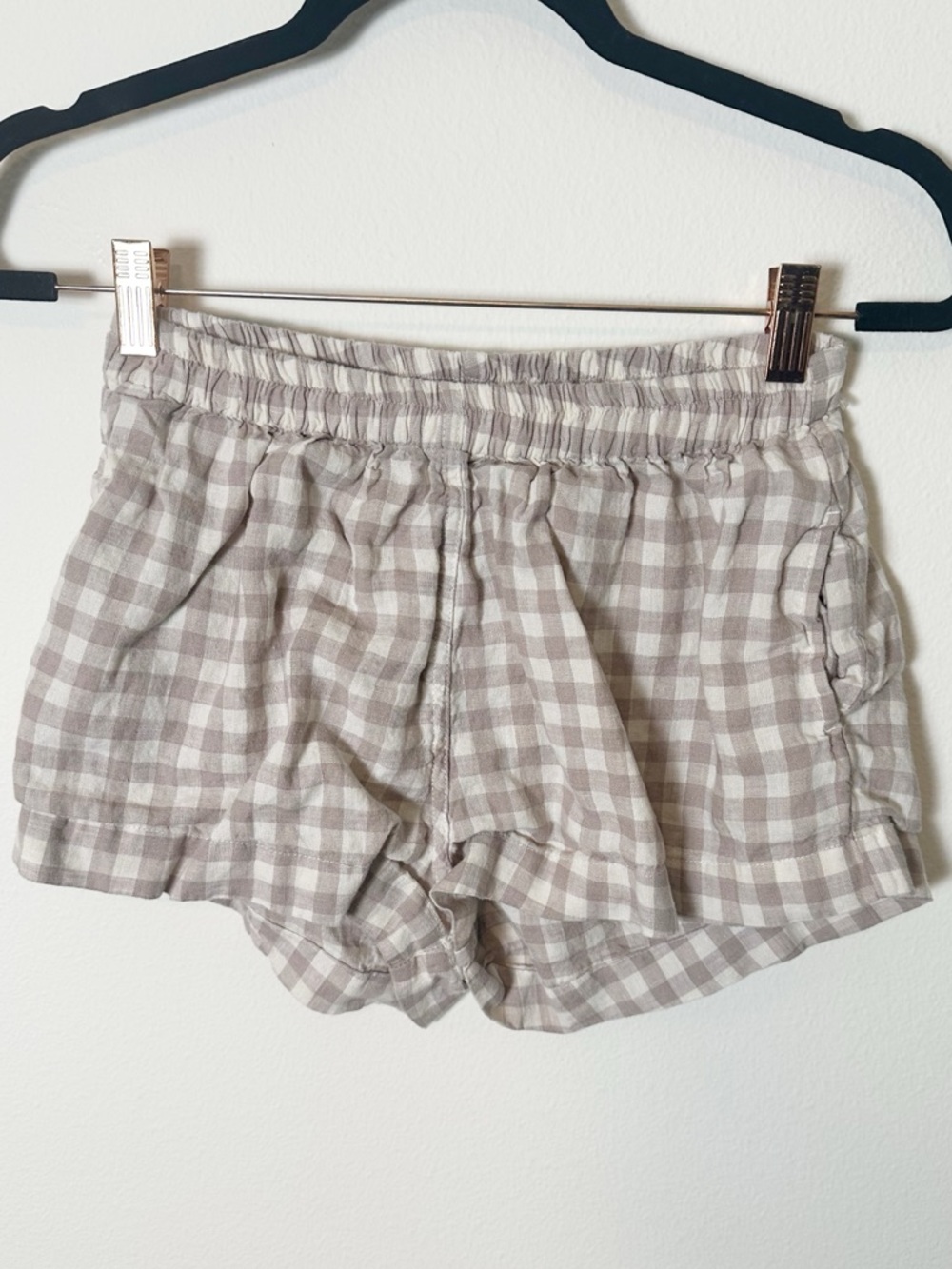 Piglet in Bed 100% Linen Shorts Cream Tan Beige Gingham Medium